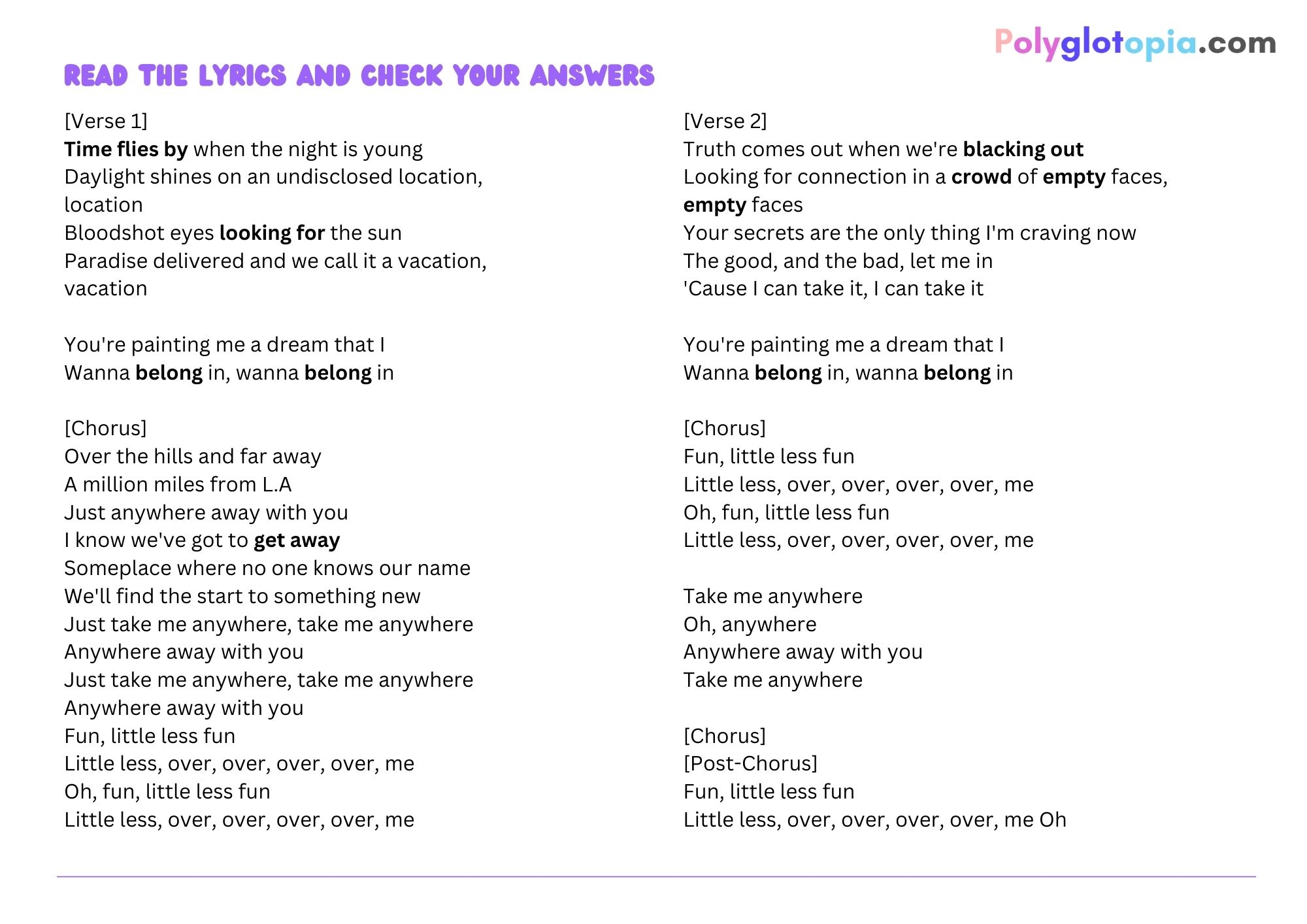 Everywhere lyrics online exercise for